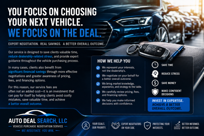 Helping car buyers reduce dealership stress, save time, identify unnecessary fees, and secure a better overall outcome.